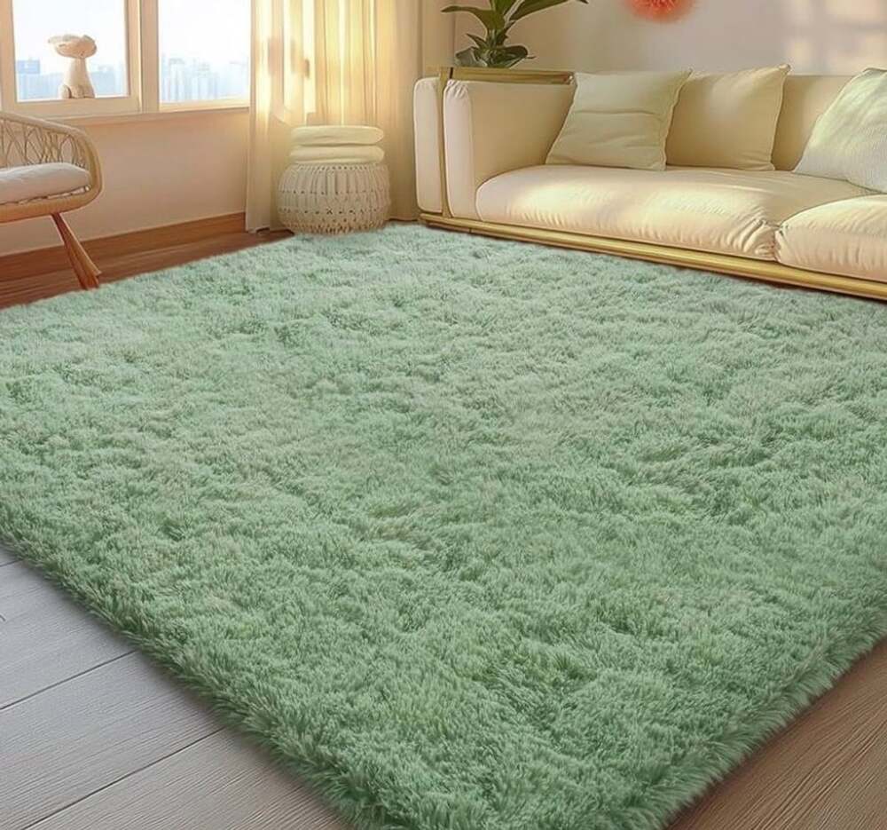 Sage Green Fluffy Shaggy Area Rug 5x7 Living Room Bedroom Carpet